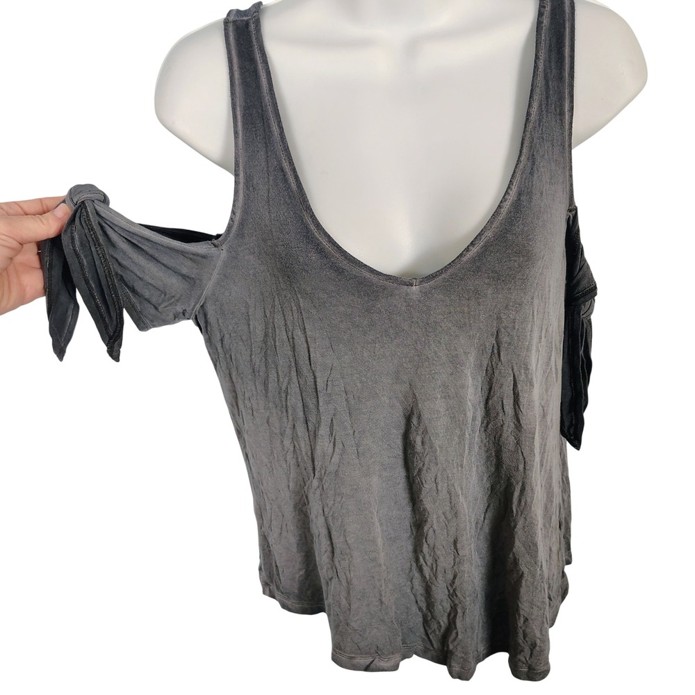 American Eagle Soft & Sexy Cold Shoulder Tie Sleeve Mineral Wash Tank Top Gray S